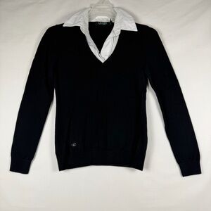 Lauren Ralph Lauren Black V-Neck Sweater White Collar Mock Layer Pullover Small